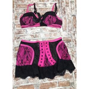 Raveware Lace Bra and Skirt Set Hot Pink/Black Size Medium Skirt Missing Lace